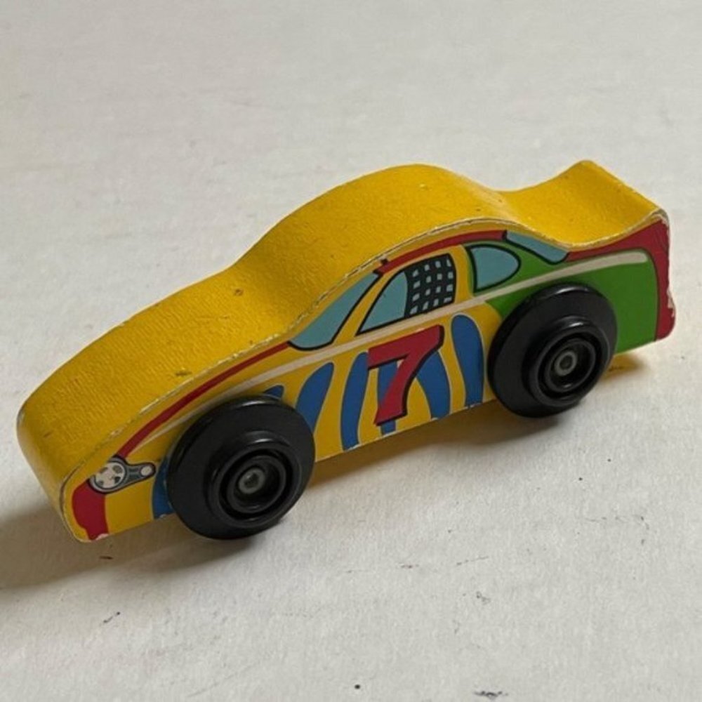 Wooden Toy Car Children Gift Toy Yellow Sports Car Vehicle Number 7 Natural Gift